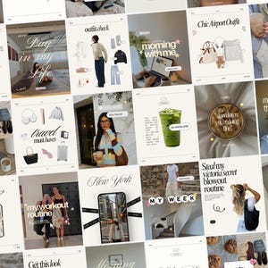Op de afbeelding: Een digitale collage van social media berichten met lifestyle content, waaronder platgelegde outfits, reisbenodigdheden, trainingsroutines, matcha drankjes en dagelijkse vlogs met tekstoverlays zoals Day in my life, Outfit check en My workout routine.
