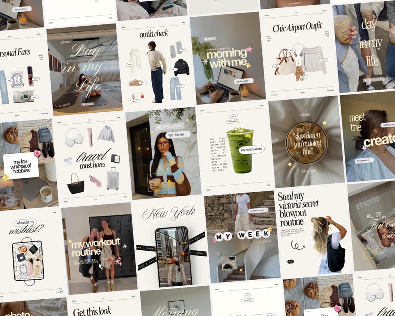 Op de afbeelding: Een digitale collage van social media berichten met lifestyle content, waaronder platgelegde outfits, reisbenodigdheden, trainingsroutines, matcha drankjes en dagelijkse vlogs met tekstoverlays zoals Day in my life, Outfit check en My workout routine.