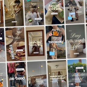 Może przedstawiać: Kolaż wyróżnionych relacji na Instagramie z różnymi motywami. Tekst zawiera "Day in my Life", "My May Favorites", "Fun Girl Hobbies" i "Monthly Report". Inne teksty to "Solo Date Diaries", "Work Day in My Life" i "My Week."