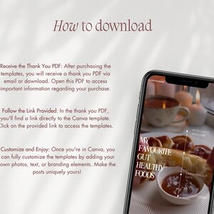 May include: A smartphone displays a food image with the text "MY FAVOURITE GUT HEALTHY FOODS." The phone is held in front of a blurred background with text that reads "How to download" and instructions on how to download templates.