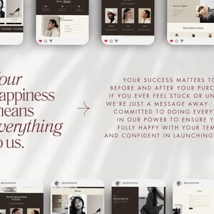 May include: A digital marketing image with a light background and text that reads "Your happiness means everything to us." Several mockups of website pages are displayed, with images of women and text. The text also states "Your success matters to us."