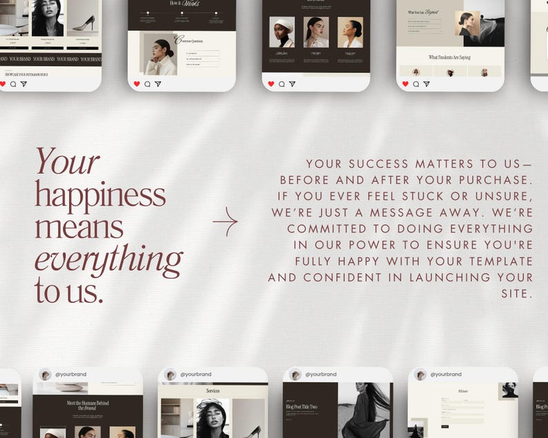 May include: A digital marketing image with a light background and text that reads "Your happiness means everything to us." Several mockups of website pages are displayed, with images of women and text. The text also states "Your success matters to us."