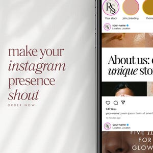 May include: A screenshot of an Instagram post with the text "About us: our unique story" and a photo of a person with a face mask. The post has 247 likes and a comment from the user "your-name".