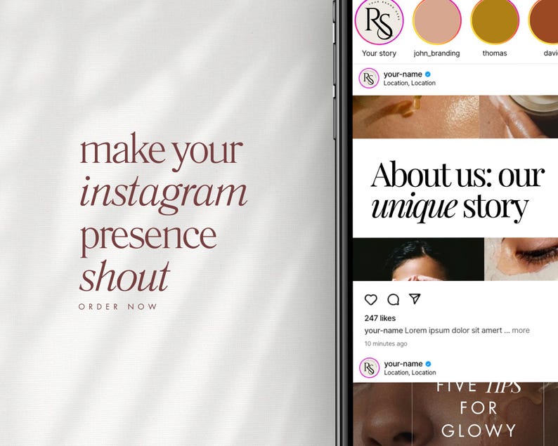 May include: A screenshot of an Instagram post with the text "About us: our unique story" and a photo of a person with a face mask. The post has 247 likes and a comment from the user "your-name".