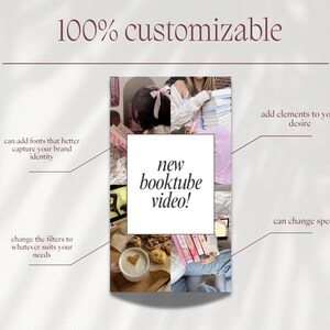 Puede incluir: Gr&aacute;fico promocional con el texto "100% personalizable" y "new booktube video!" en un cuadrado blanco. La imagen incluye ejemplos de fotos y texto, con flechas que apuntan a opciones de personalizaci&oacute;n como fuentes, filtros y velocidad.
