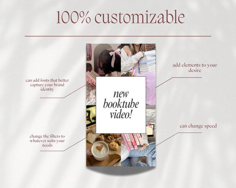 Puede incluir: Gr&aacute;fico promocional con el texto "100% personalizable" y "new booktube video!" en un cuadrado blanco. La imagen incluye ejemplos de fotos y texto, con flechas que apuntan a opciones de personalizaci&oacute;n como fuentes, filtros y velocidad.