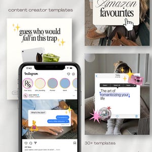Peut inclure: Image présentant des modèles de création de contenu Instagram. L'image comprend un smartphone affichant une interface Instagram, ainsi que d'autres modèles. Le texte comprend "guess who would fall in this trap" et "Amazon favourites".