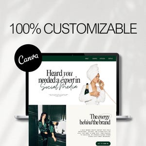 Puede incluir: Una pantalla de port&aacute;til muestra un sitio web con el texto "100% CUSTOMIZABLE" y el logotipo de Canva. El sitio web incluye el texto "Heard you needed a expert in Social Media" y "The energy behind the brand."