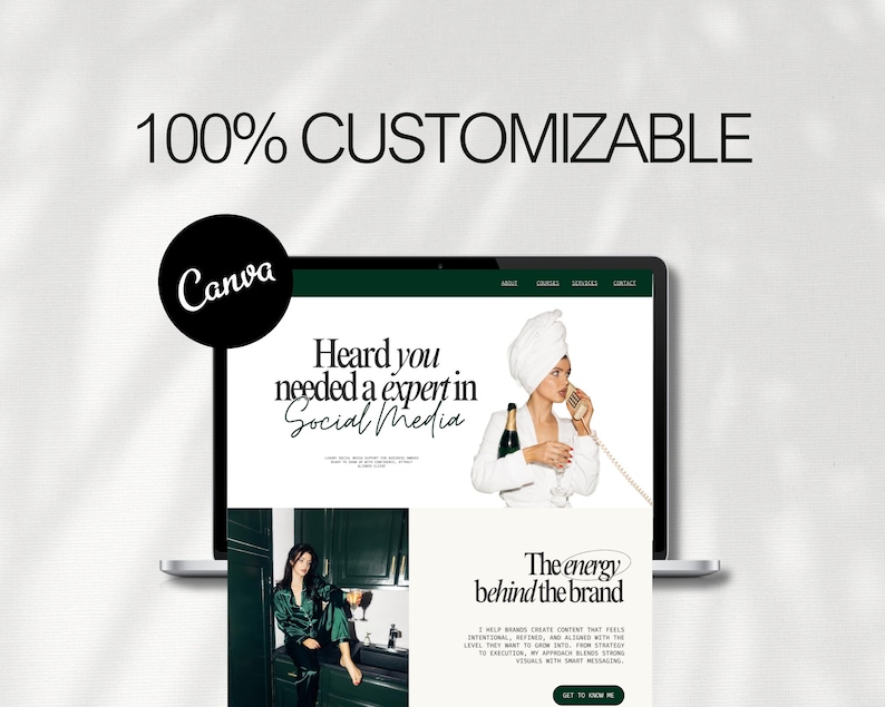 Puede incluir: Una pantalla de port&aacute;til muestra un sitio web con el texto "100% CUSTOMIZABLE" y el logotipo de Canva. El sitio web incluye el texto "Heard you needed a expert in Social Media" y "The energy behind the brand."
