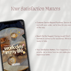 Op de afbeelding: Een smartphone toont een social media bericht met de tekst "work day in my life" en "APR 12" over een foto van koffie en gebak. Rechts staat de tekst "Your Satisfaction Matters" gevolgd door informatie over de klantenservice.
