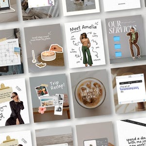 May include: A collection of digital art prints and social media templates. The images include a calendar, a candle, a coffee drink, and a person. Text includes "Meet Amelia", "Trip Recap!", and "Your brand is more than a look."