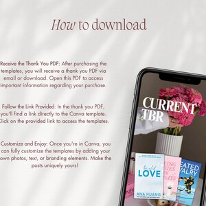 May include: A smartphone displays a floral arrangement and three book covers with the text "CURRENT TBR." The books are titled "Twisted Love," "King of Sins," and "Created for Valry." The background includes instructions on how to download templates.