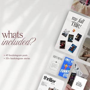 Puede incluir: Una colecci&oacute;n de gr&aacute;ficos y plantillas de bookstagram. La imagen incluye un fondo blanco con el texto "whats included?" y "my fall TBR!" junto con portadas de libros y el texto "40 publicaciones de bookstagram" y "50+ historias de bookstagram".