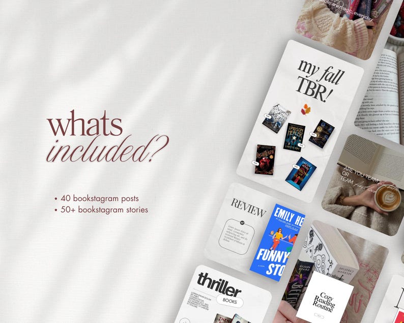 Puede incluir: Una colecci&oacute;n de gr&aacute;ficos y plantillas de bookstagram. La imagen incluye un fondo blanco con el texto "whats included?" y "my fall TBR!" junto con portadas de libros y el texto "40 publicaciones de bookstagram" y "50+ historias de bookstagram".