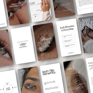 Może przedstawiać: Zbiór białych kart z czarnym tekstem i obrazkami związanymi z przedłużaniem rzęs. Karty zawierają wskazówki i triki, rzeczy do zrobienia i do nie robienia, rutyny pielęgnacyjne po zabiegu, zdrowie rzęs, retencję rzęs i korzyści z uzupełniania rzęs. Tekst na kartach zawiera takie zwroty jak "Zdrowie rzęs jest kluczem?", "Retencja rzęs jest wszystkim", "Wskazówki i triki dotyczące rzęs" i "Najlepszy czas na uzupełnienie: wczoraj".