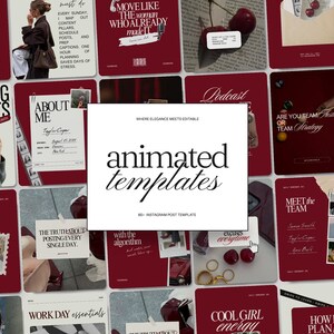 Op de afbeelding: Een verzameling bordeauxrode en witte Instagram post templates. De centrale afbeelding toont de tekst "animated templates" in een stijlvol lettertype. Andere afbeeldingen bevatten tekst zoals "Marketing Strategies".