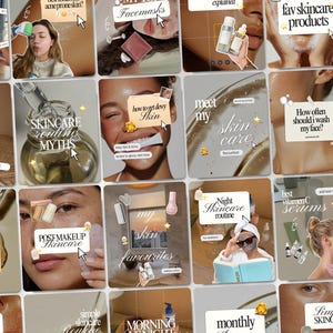 Skincare Instagram post templates for estheticians, content creators, and medspa businesses featuring luxury beauty branding, clean modern layouts, and aesthetic Canva designs for skincare marketing, wellness content, and UGC creation.