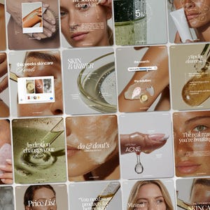 Puede incluir: Un collage de imágenes sobre el cuidado de la piel con superposiciones de texto. Las imágenes presentan primeros planos de la piel, aplicaciones de productos y texto como "Healthy is Quiet Confidence" y "Skin Barrier". La paleta de colores es neutra con toques de verde y dorado.