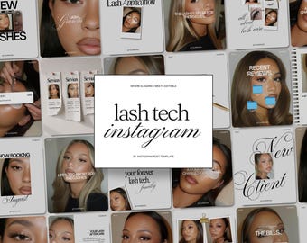 Modelli Instagram virali per lash artist e aziende del settore beauty, post sui social media, album di ritagli di lusso, pacchetto Canva per extension ciglia