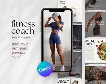 May include: A collage of images promoting fitness coaching services. The main image shows a woman wearing a blue sports bra and shorts, a baseball cap, and white sneakers. The text "fitness coach" is in large, bold letters. Other images include a plate of food, a woman exercising, and text about types of protein and meal inspiration.