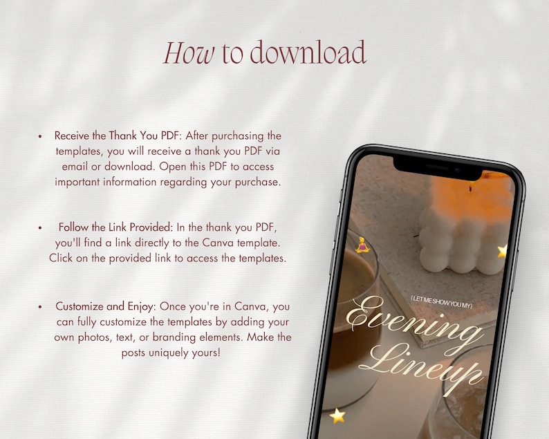 Op de afbeelding: Een smartphone toont een digitaal sjabloon met de tekst 'Evening Lineup' en 'LET ME SHOW YOU MY' naast een kaars en drankjes. Het scherm bevat ook instructies onder de titel 'How to download' met drie stappen voor toegang tot bestanden.