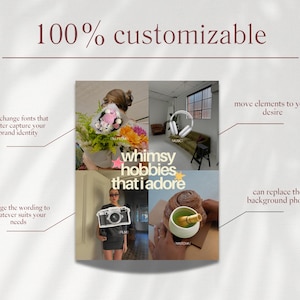 May include: A collage with the text "100% customizable" and "whimsy hobbies that I adore." The image includes photos of flowers, headphones, a camera, and matcha. Text on the image says you can change fonts, wording, and background photos.