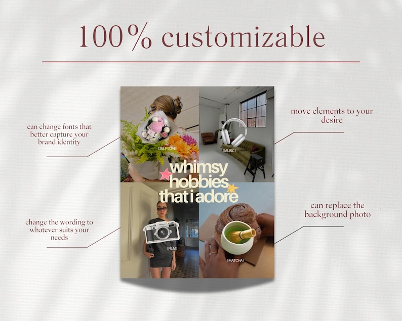 May include: A collage with the text "100% customizable" and "whimsy hobbies that I adore." The image includes photos of flowers, headphones, a camera, and matcha. Text on the image says you can change fonts, wording, and background photos.