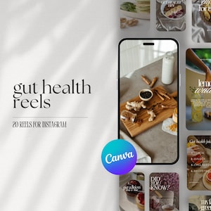 May include: A collection of 20 Instagram reels about gut health, featuring images of food, drinks, and text overlays. The text includes "gut health feels", "20 reels for Instagram", "Canva", "lemon water", "gut health juice", "Did you know?", "my fav greens", "my fav healthy coffee", and more.