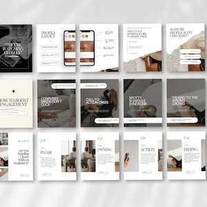 May include: A collection of social media templates in a minimalist style. The templates feature text overlays with phrases like "They're Watching Closely," "Profile Layout," and "How to Boost Engagement." The color palette is primarily black, white, and beige.
