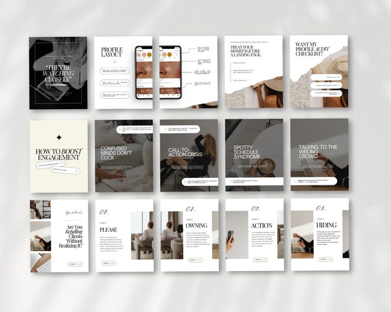 May include: A collection of social media templates in a minimalist style. The templates feature text overlays with phrases like "They're Watching Closely," "Profile Layout," and "How to Boost Engagement." The color palette is primarily black, white, and beige.