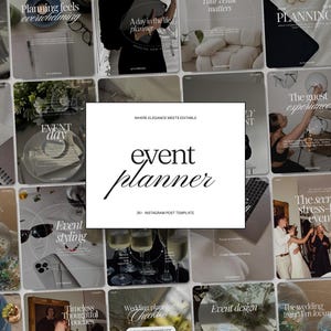 Puede incluir: Una colección de plantillas digitales para redes sociales destinadas a organizadores de eventos, con un gráfico rectangular blanco central que contiene el texto negro "WHERE ELEGANCE MEETS EDITABLE", "event planner" y "35+ INSTAGRAM POST TEMPLATE" rodeado de imágenes.