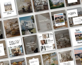 May include: A collection of square social media posts with real estate themes. The posts feature images of homes, interior design, and text such as "Tour Your Dream Home," "Sold," and "Maximize Your Home's Value." The color palette is neutral with a focus on white, beige, and brown.