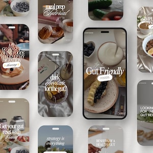 May include: A collection of smartphone screens displaying food-related content. The screens feature text like "Gut Friendly Foods," "Meal Prep Tutorial," and "Looking for Healthy Gut Recipes?" Images include pancakes, fruit, and chocolate.
