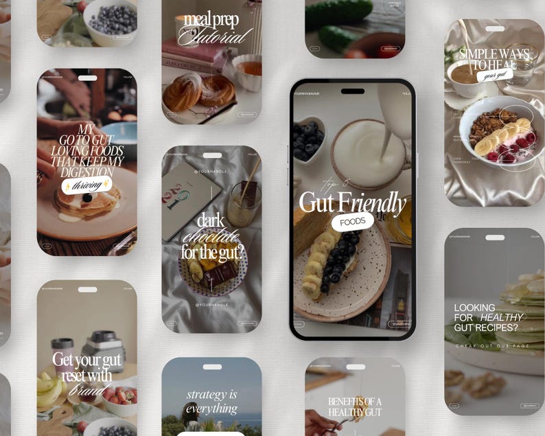 May include: A collection of smartphone screens displaying food-related content. The screens feature text like "Gut Friendly Foods," "Meal Prep Tutorial," and "Looking for Healthy Gut Recipes?" Images include pancakes, fruit, and chocolate.