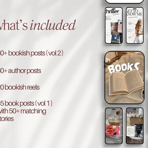 May include: Image showcasing a digital product for book lovers. The image includes mockups of phone screens displaying book covers and social media posts. Text on the left side lists the contents: bookish posts, author posts, and reels.