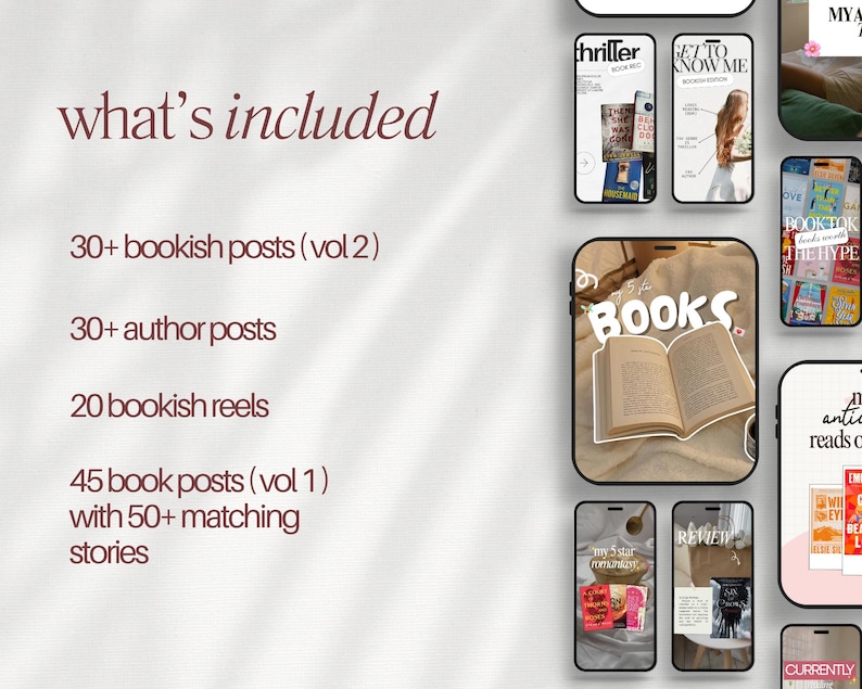 May include: Image showcasing a digital product for book lovers. The image includes mockups of phone screens displaying book covers and social media posts. Text on the left side lists the contents: bookish posts, author posts, and reels.