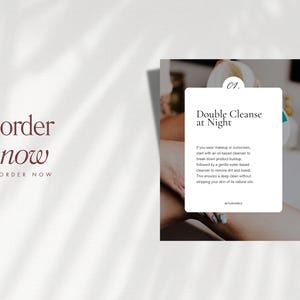 May include: A white card with the text "01. Double Cleanse at Night" and instructions on how to double cleanse your skin at night. The card is on a white background with a person's leg in the background.