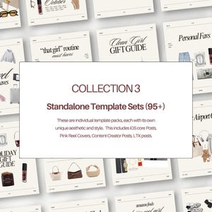 Op de afbeelding: Een digitale collectie van meer dan 95 zelfstandige social media sjablonensets met diverse lay-outs en tekstkoppen zoals Collection 3, Personal Favs en Holiday Gift Guide, weergegeven naast illustraties van mode- en lifestyle-artikelen.