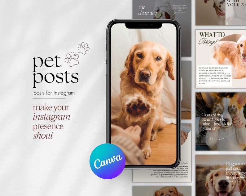 Puede incluir: La pantalla de un tel&eacute;fono que muestra una plantilla de Canva para publicaciones de Instagram sobre el aseo de mascotas. La plantilla presenta una foto de un perro golden retriever con el texto "Cleanest dog award goes to mine - just ask the groomer."