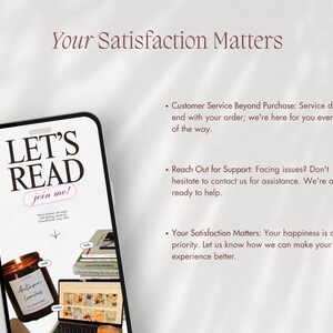Puede incluir: Un smartphone muestra "LET'S READ join me!" con una vela encendida, libros y un port&aacute;til. La imagen tambi&eacute;n incluye el texto "Your Satisfaction Matters" e informaci&oacute;n de servicio al cliente.