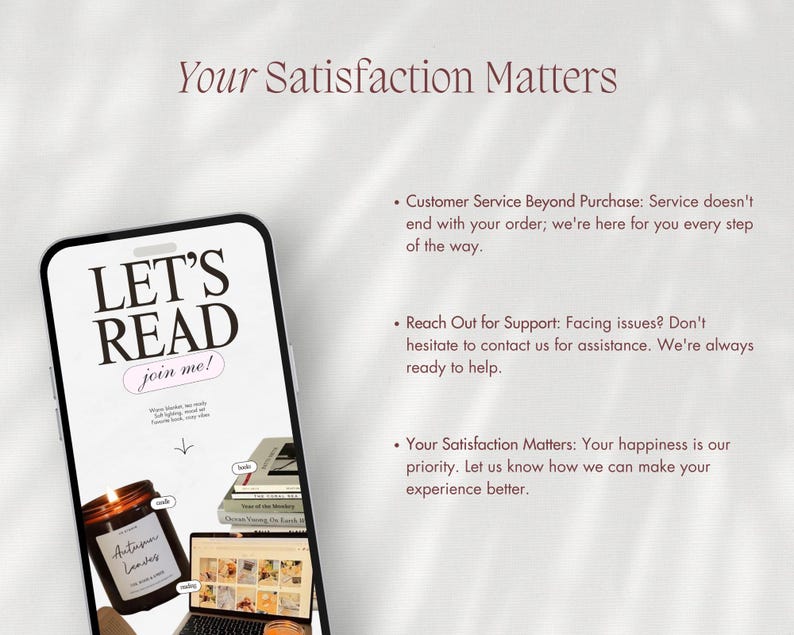 Puede incluir: Un smartphone muestra "LET'S READ join me!" con una vela encendida, libros y un port&aacute;til. La imagen tambi&eacute;n incluye el texto "Your Satisfaction Matters" e informaci&oacute;n de servicio al cliente.