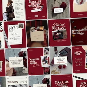 Op de afbeelding: Een collage van social media posts met een bordeaux kleurenschema. De posts bevatten tekst, foto's en afbeeldingen over marketing, zelfzorg en lifestyle-onderwerpen. Sommige posts bevatten tekst zoals "Podcast Release" en "About Me."