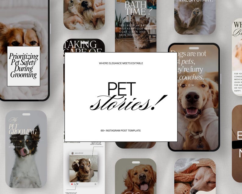 A collection of aesthetic Instagram Story templates designed for pet businesses, including veterinarians, pet groomers, and animal lovers. Templates feature dogs, cats, and pet care icons with neutral and soft color palettes. Displayed in Canva mockups sized for 1080x1080px and 1080x1350px, ideal for promoting grooming services, pet tips, and vet announcements. Clean, modern layouts with customizable text and branding elements for professional social media marketing in the pet industry.