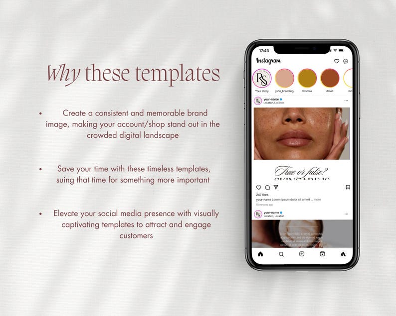 May include: A phone screen displaying an Instagram post with a pink, brown, and orange color scheme. The post features a photo of a person's face and the text "True or false? Skincare".