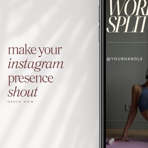 Op de afbeelding: Een smartphone die een website weergeeft met de tekst "Work Split" en de handle "@yourhandle". De website promoot een trainingsprogramma. De afbeelding bevat ook de tekst "make your instagram presence shout" en "order now".