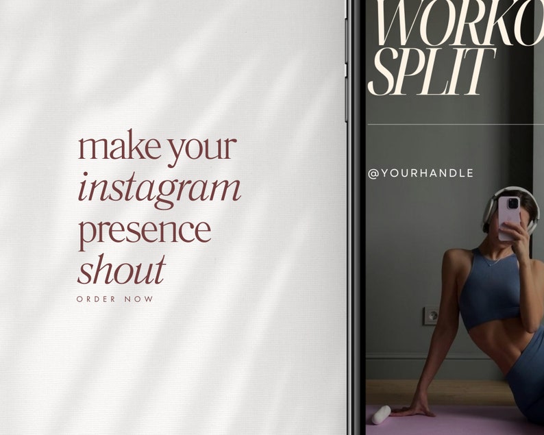 Op de afbeelding: Een smartphone die een website weergeeft met de tekst "Work Split" en de handle "@yourhandle". De website promoot een trainingsprogramma. De afbeelding bevat ook de tekst "make your instagram presence shout" en "order now".