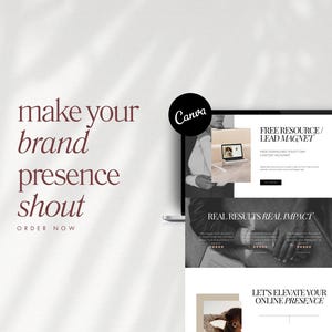Pu&ograve; includere: Un laptop mostra un design di sito web con il testo "FREE RESOURCE / LEAD MAGNET" e "REAL RESULTS REAL IMPACT." Il logo Canva &egrave; in alto a sinistra. Le parole "make your brand presence shout" sono visibili.
