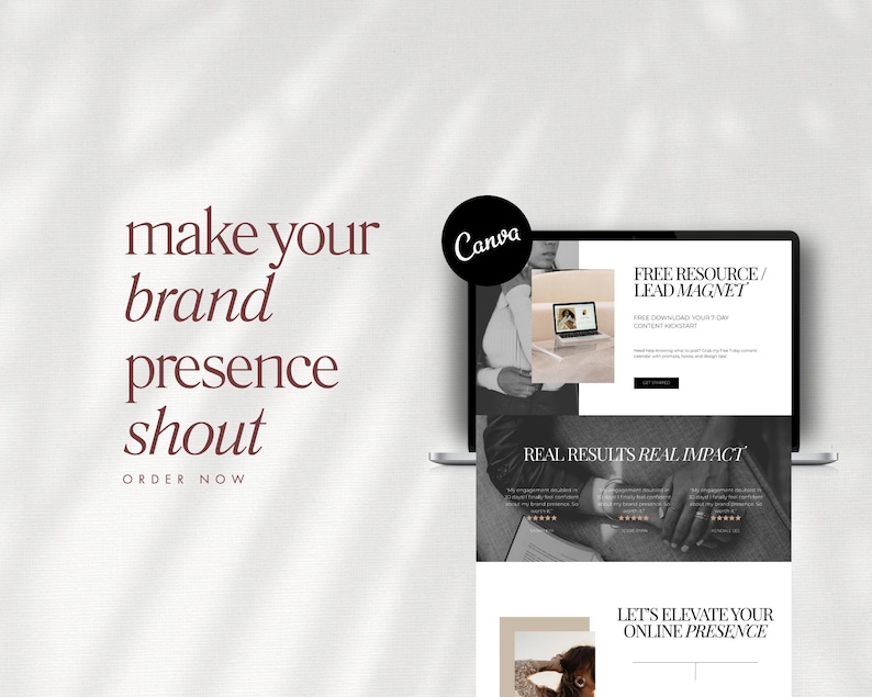 Pu&ograve; includere: Un laptop mostra un design di sito web con il testo "FREE RESOURCE / LEAD MAGNET" e "REAL RESULTS REAL IMPACT." Il logo Canva &egrave; in alto a sinistra. Le parole "make your brand presence shout" sono visibili.