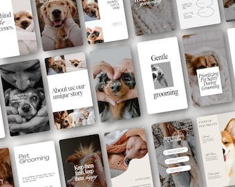 May include: A collection of digital cards with images of dogs, text, and graphics. The cards promote pet grooming services, featuring phrases like "Grooming," "Pet Safety," and "Types of Dog Treats."