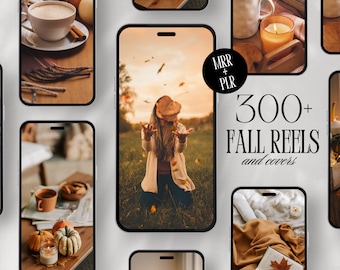 Könnte beinhalten: Eine Collage von Bildern, die herbstliche Handyhintergründe zeigen, mit gemütlichen Szenen wie einer Tasse Kaffee, Kürbissen und einer warmen Decke. Der Text "300+ FALL REELS and covers" wird in der Mitte angezeigt.